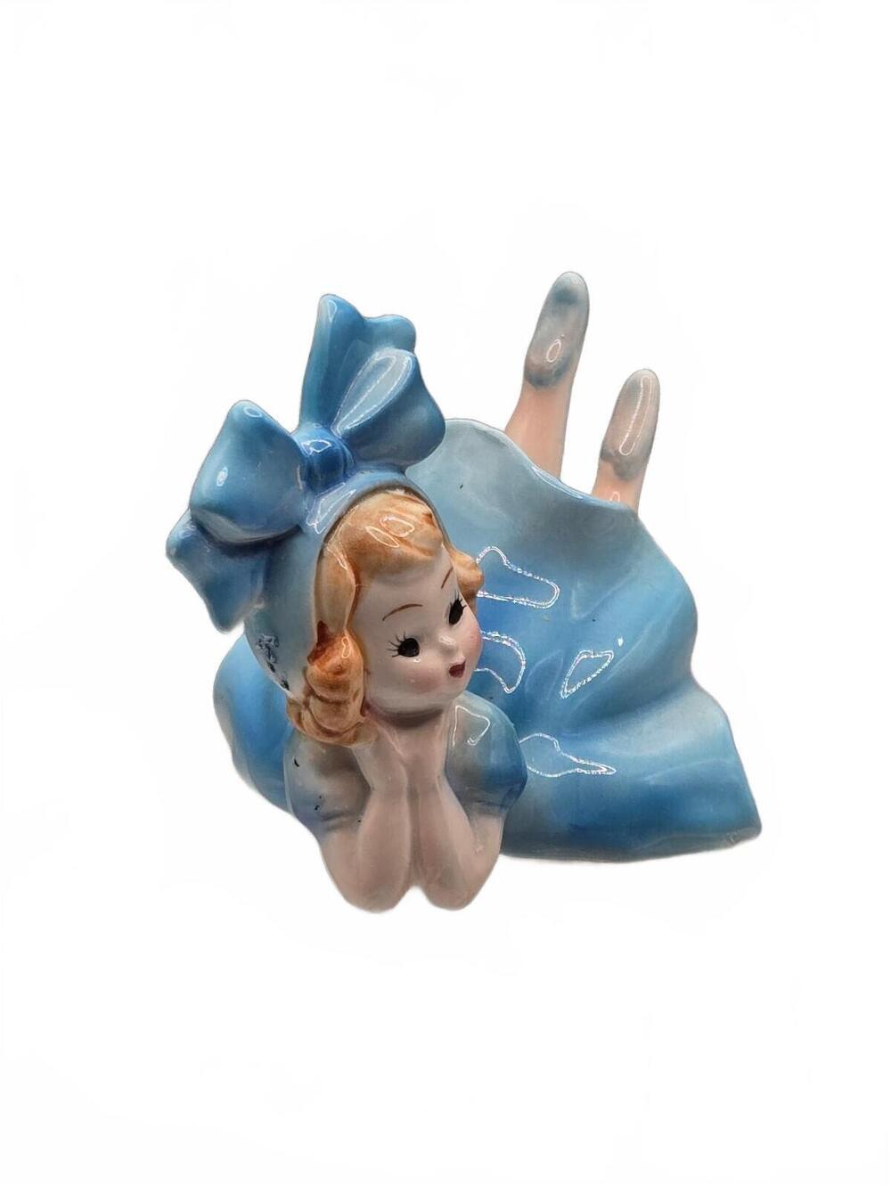 Vintage Mid Century Lefton blue Big Bow Girl Figurine H4038